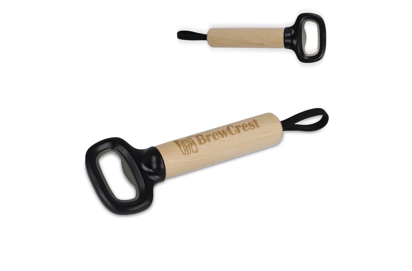 Flesopener met houten handvat en riem Zwart