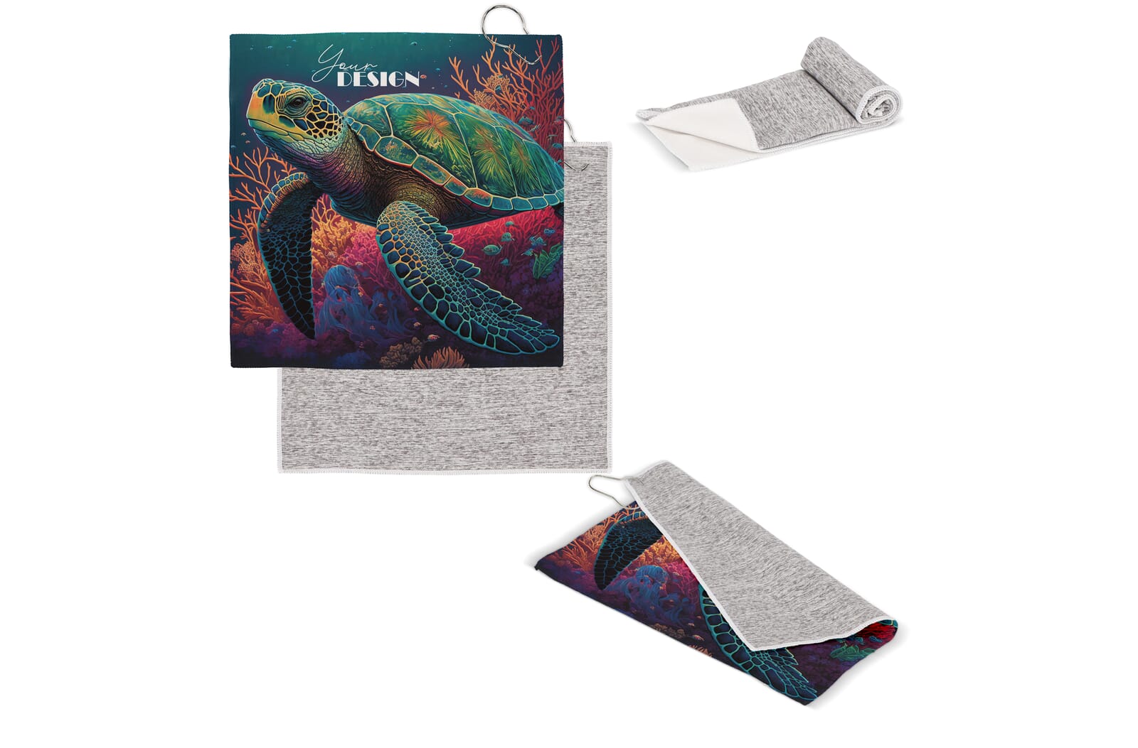 Sneldrogende golfhanddoek met haak R-PET 30 x 30 cm sublimatie Wit / Grijs