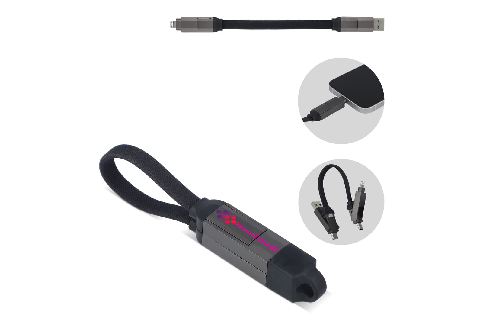 Multifunctionele 4-in-1 Kabel Sleutelhanger formaat 60 W Zwart