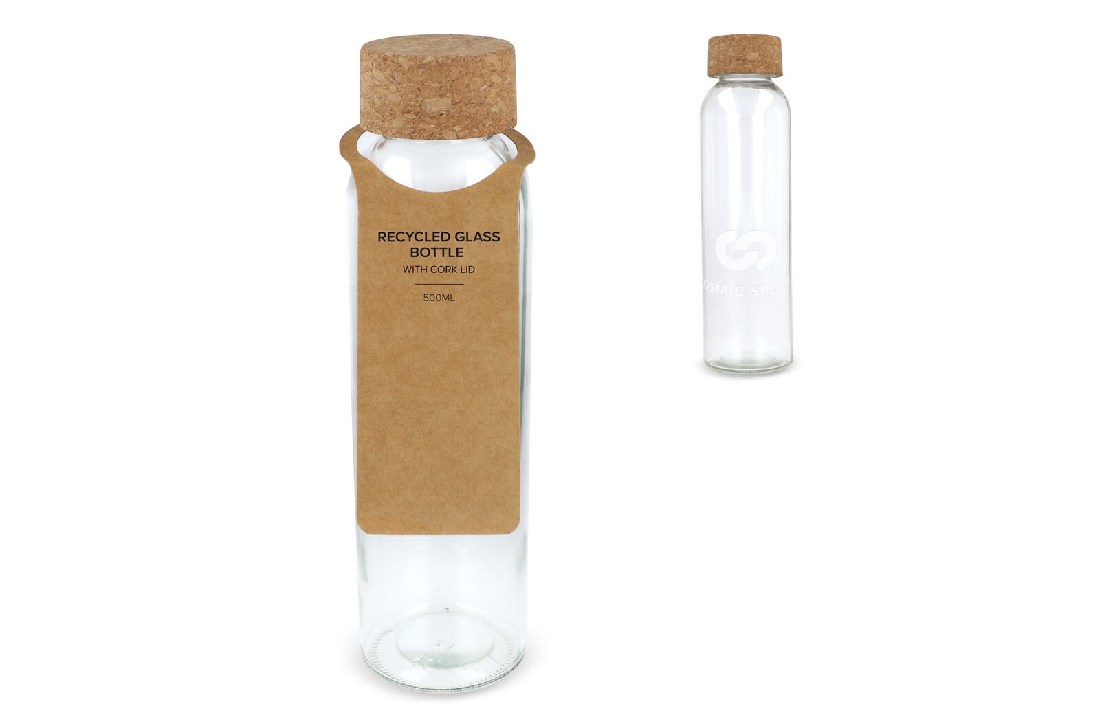 Gerecycled glazen fles met kurken dop 500ml Transparant