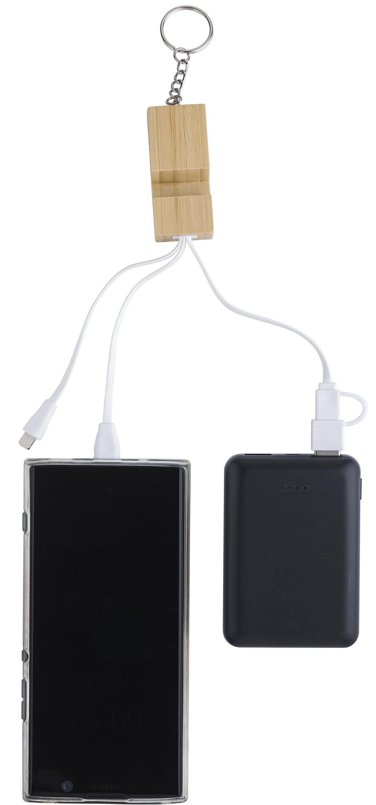 Sleutelhanger met oplaadkabels Sutton | Bamboe | Telefoonstandaard