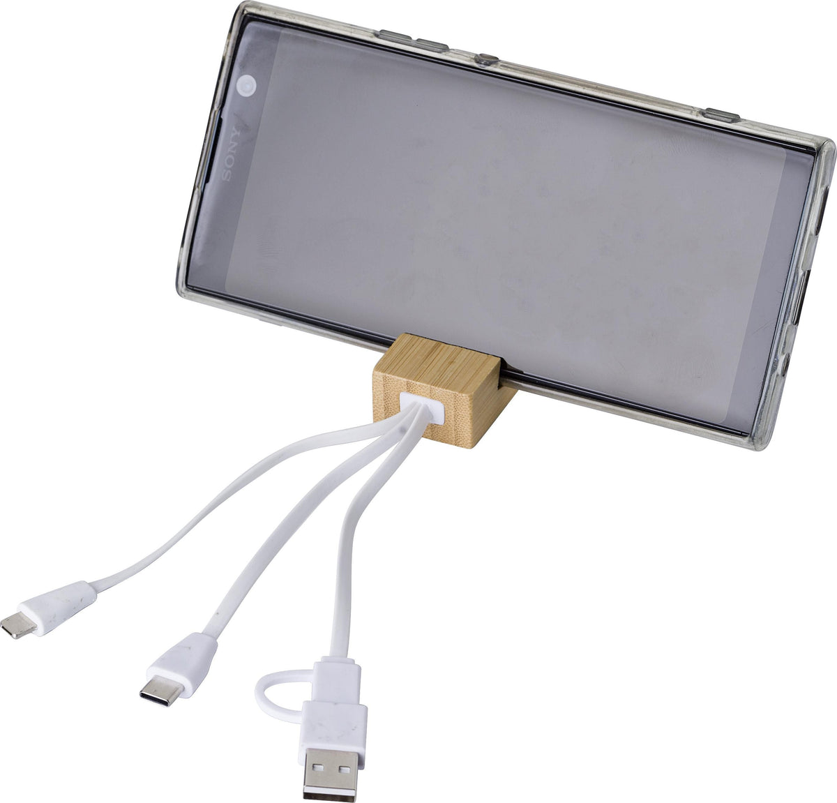 Sleutelhanger met oplaadkabels Sutton | Bamboe | Telefoonstandaard