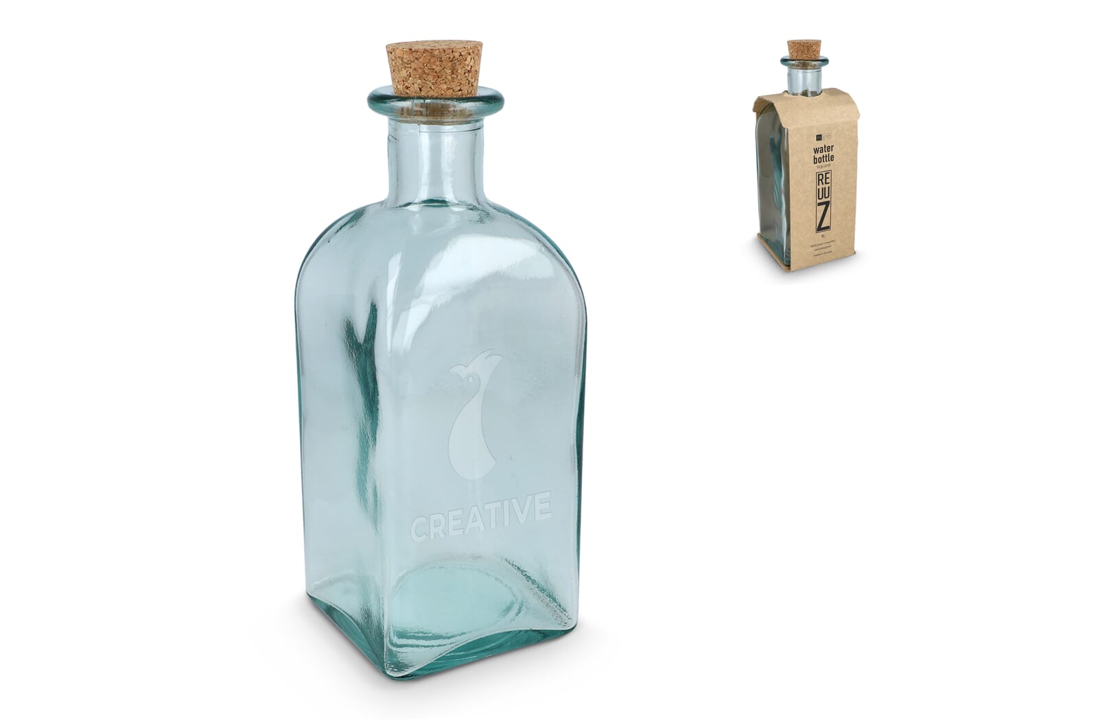 InSideOut Vierkante Gerecycled glas Waterfles ReuuZ met kurkstop 1L - JEFFS. Merchandise