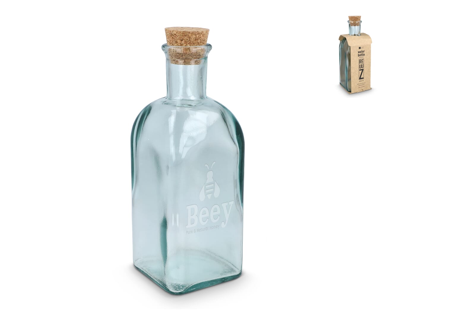 InSideOut Vierkante Gerecycled glas Waterfles ReuuZ met kurkstop 500ml - JEFFS. Merchandise